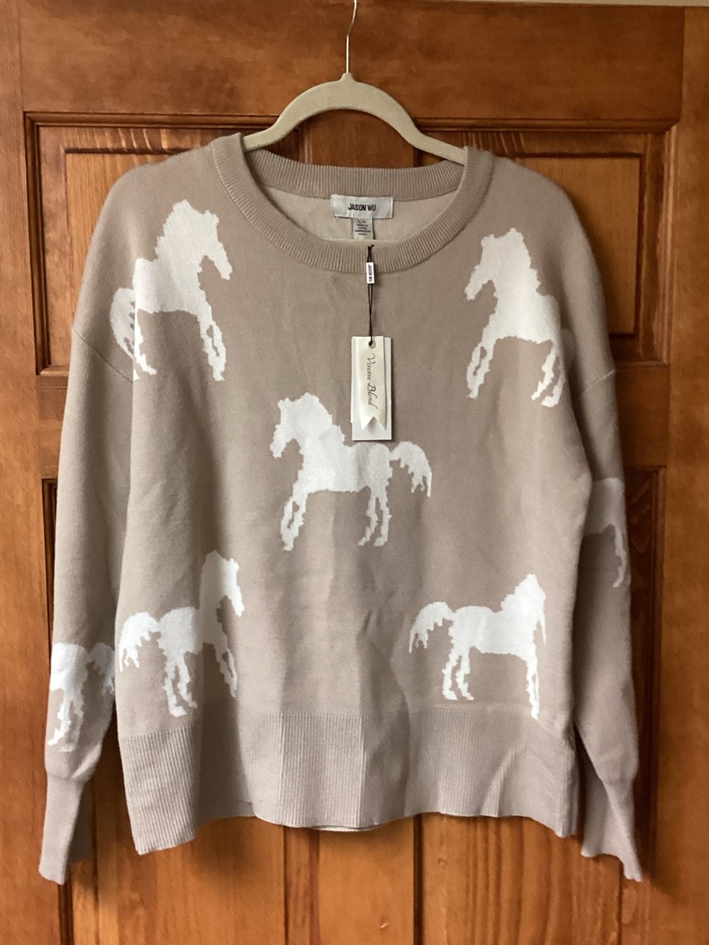 Jason Wu Beige Crewneck Sweater with White Horse Motif